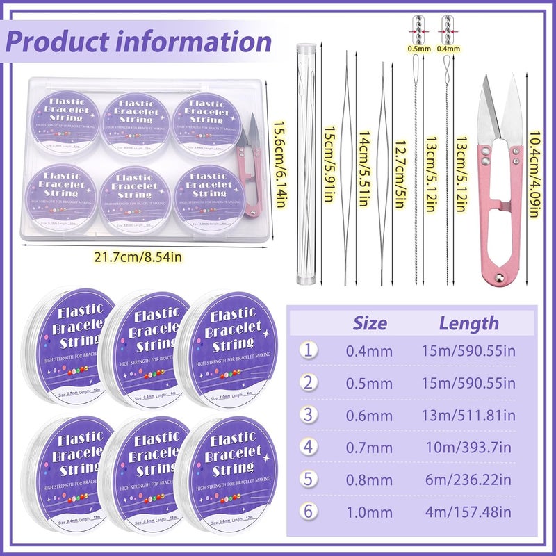 UOOU 6 Size Elastic String for Bracelets, 0.4mm,0.5mm,0.6mm,0.7mm,0.8mm,1mm Clear Stretchy Bracelet String with Beading Needles, Friendship Bracelet String for Jewelry Making Supplies - Image 2